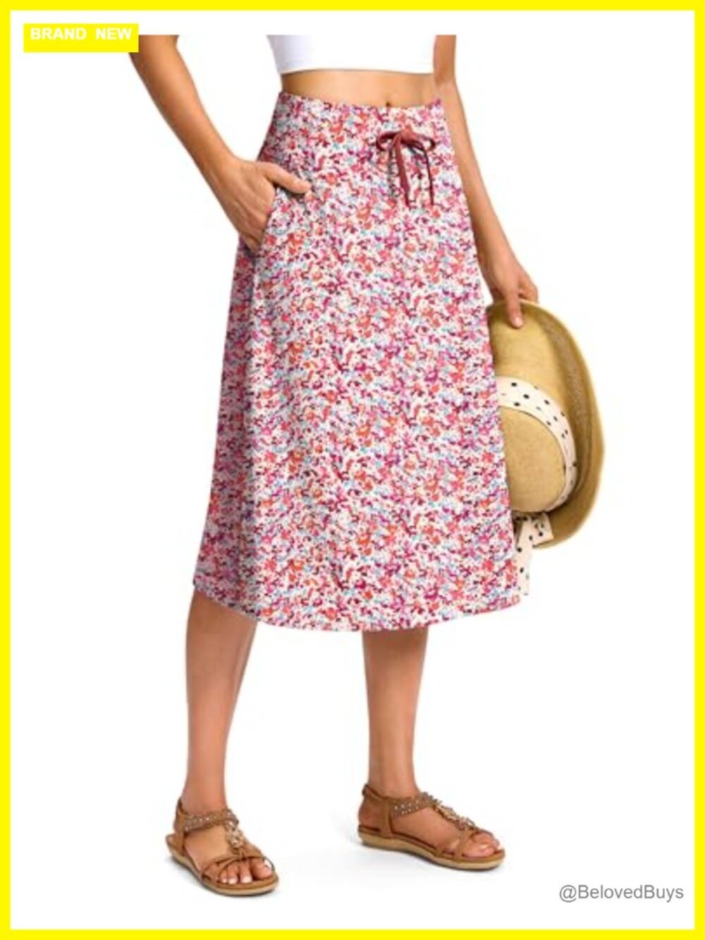 Midi Skorts with Pockets High Waisted Drawstring Skirt Built-in Shorts